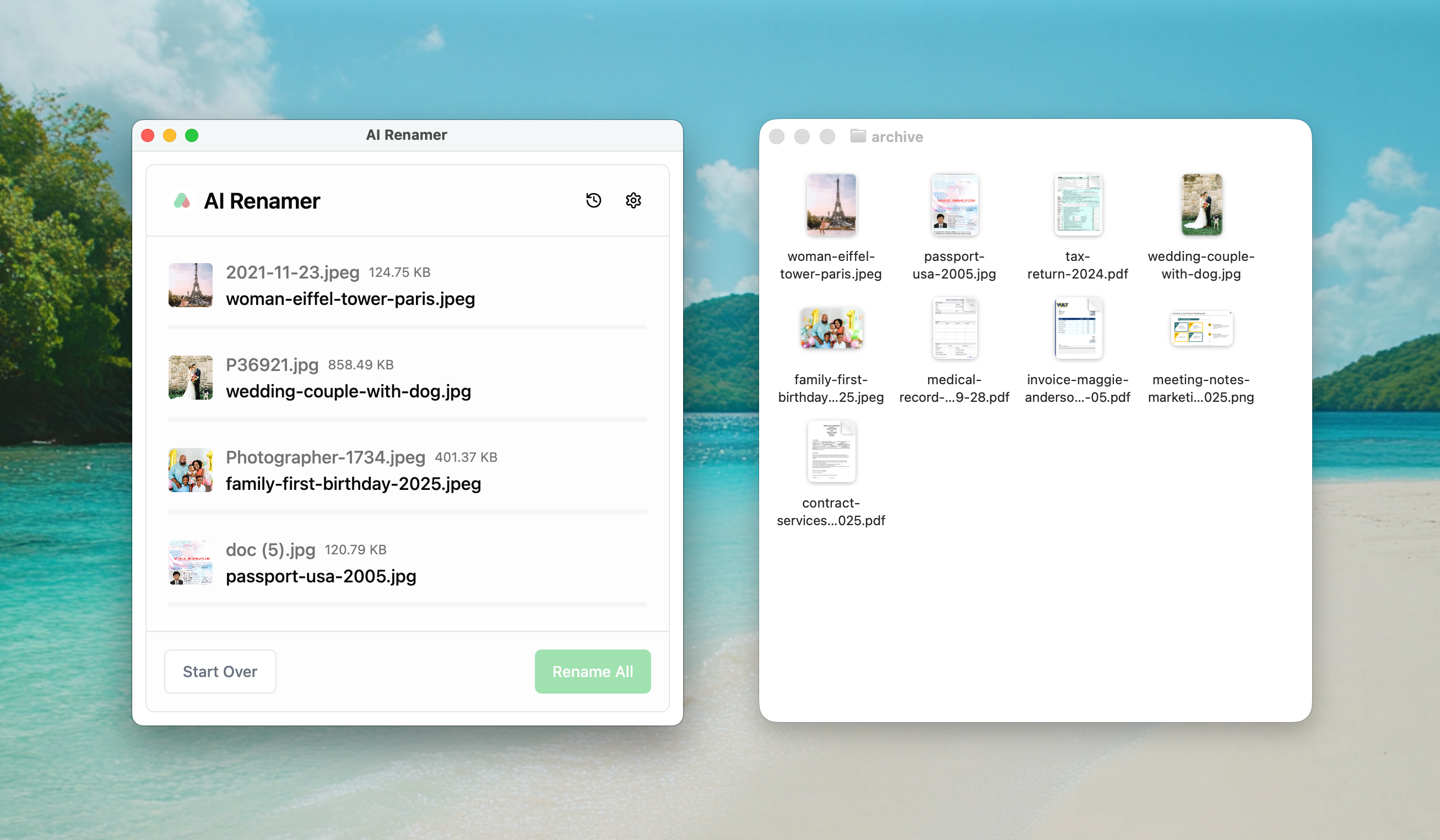 AI Renamer after screenshot - structured archive filenames like passport-usa-2005.pdf
