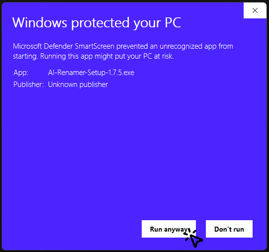 Windows SmartScreen warning for AI Renamer installation