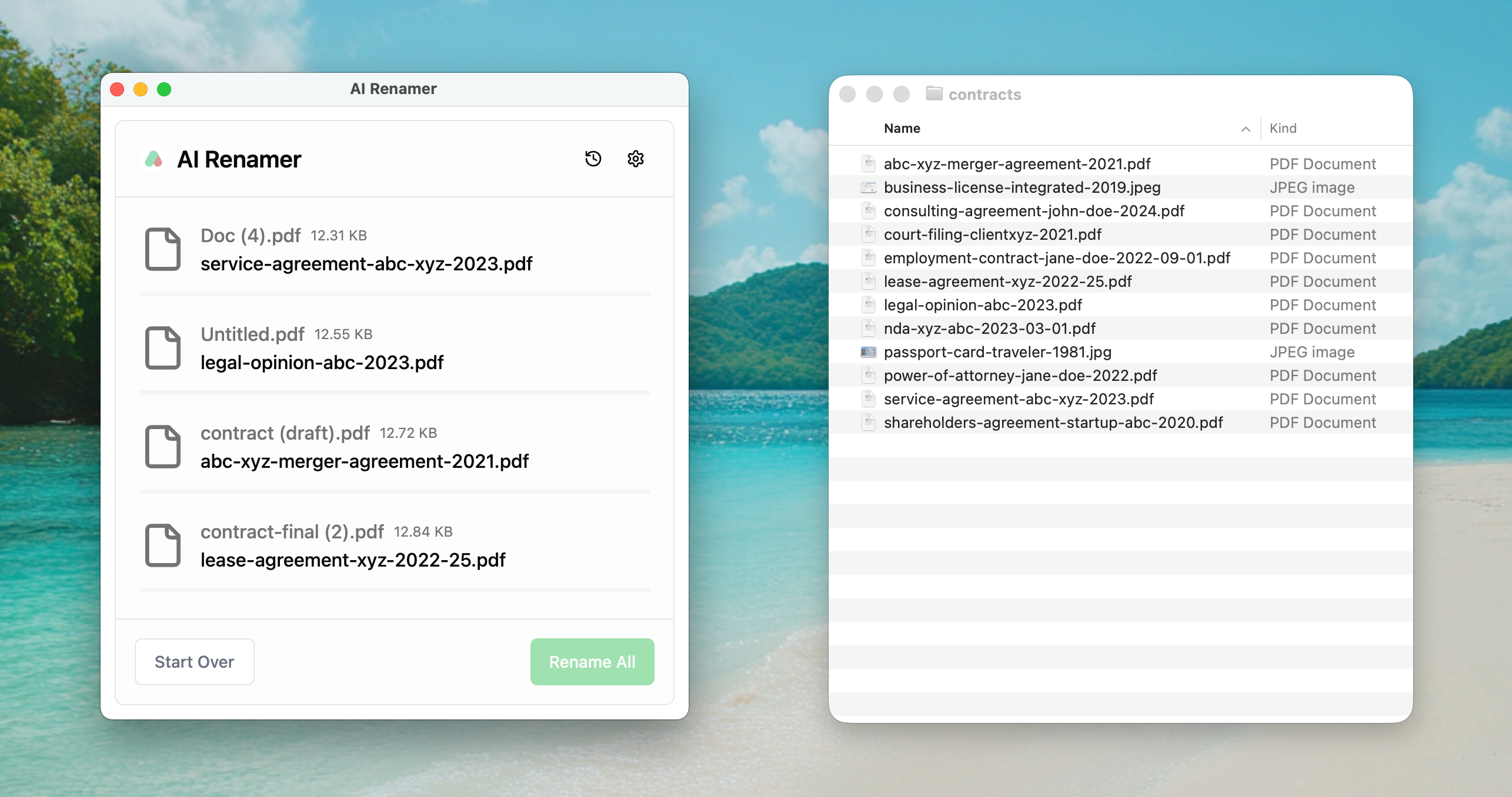 AI Renamer after screenshot - structured legal document filenames like nda-xyz-abc-2023-03-01.pdf