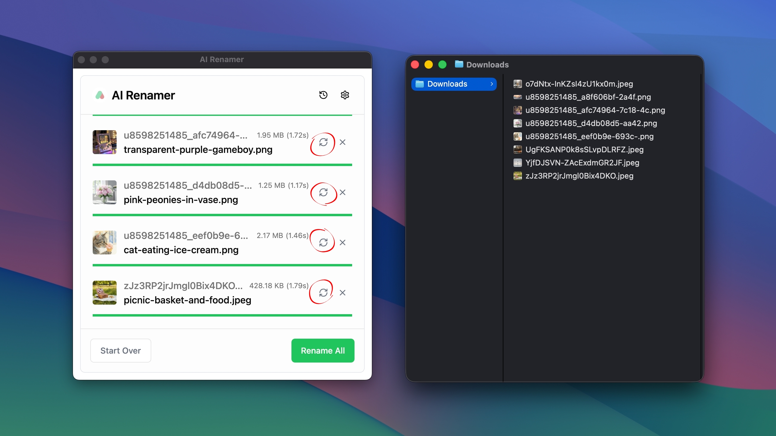 AI Renamer generates descriptive filenames based on image content