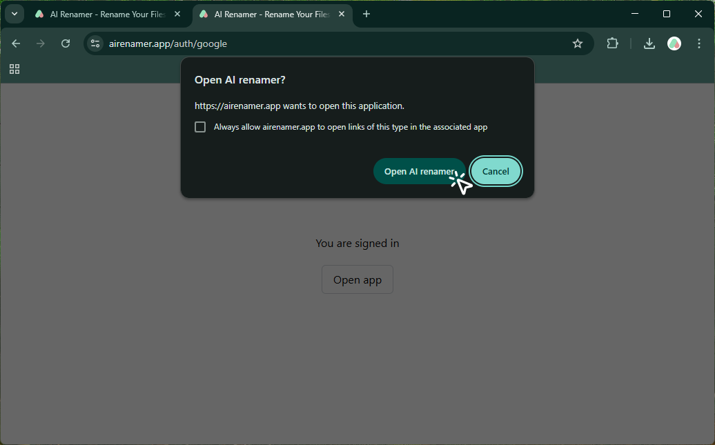 You are signed in confirmation screen