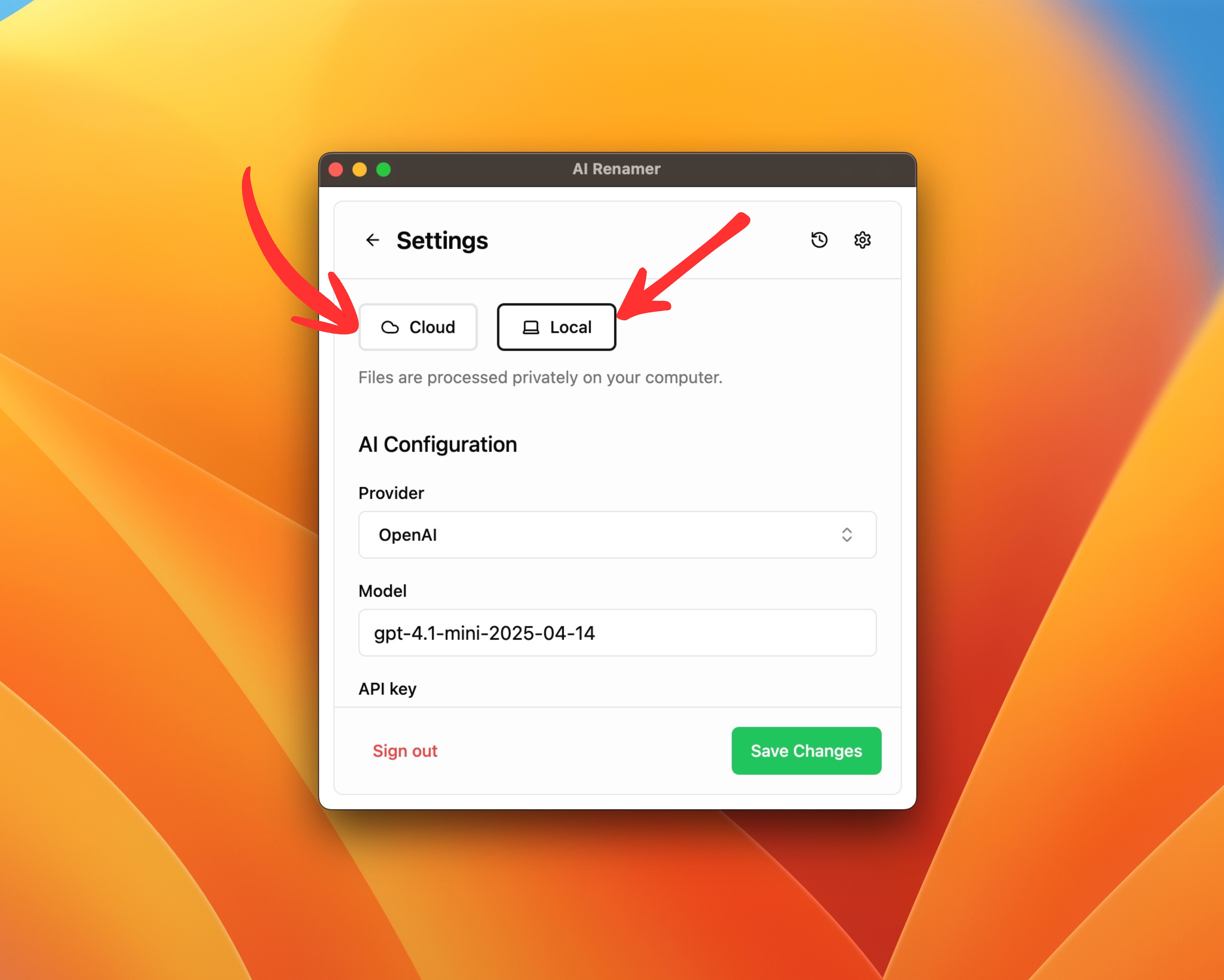 Choose Local Mode or Cloud Mode on AI Renamer