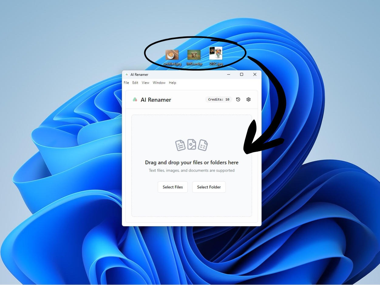 Drag and drop files or select folders in AI Renamer on Windows