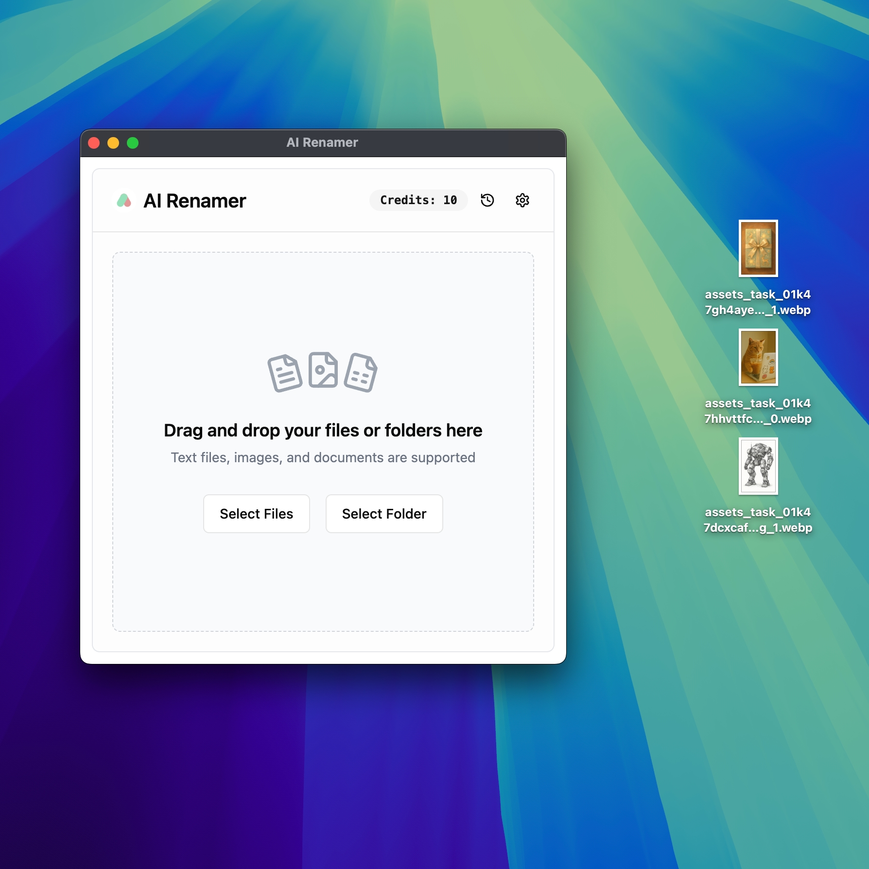 Drag and drop files or select folders in AI Renamer