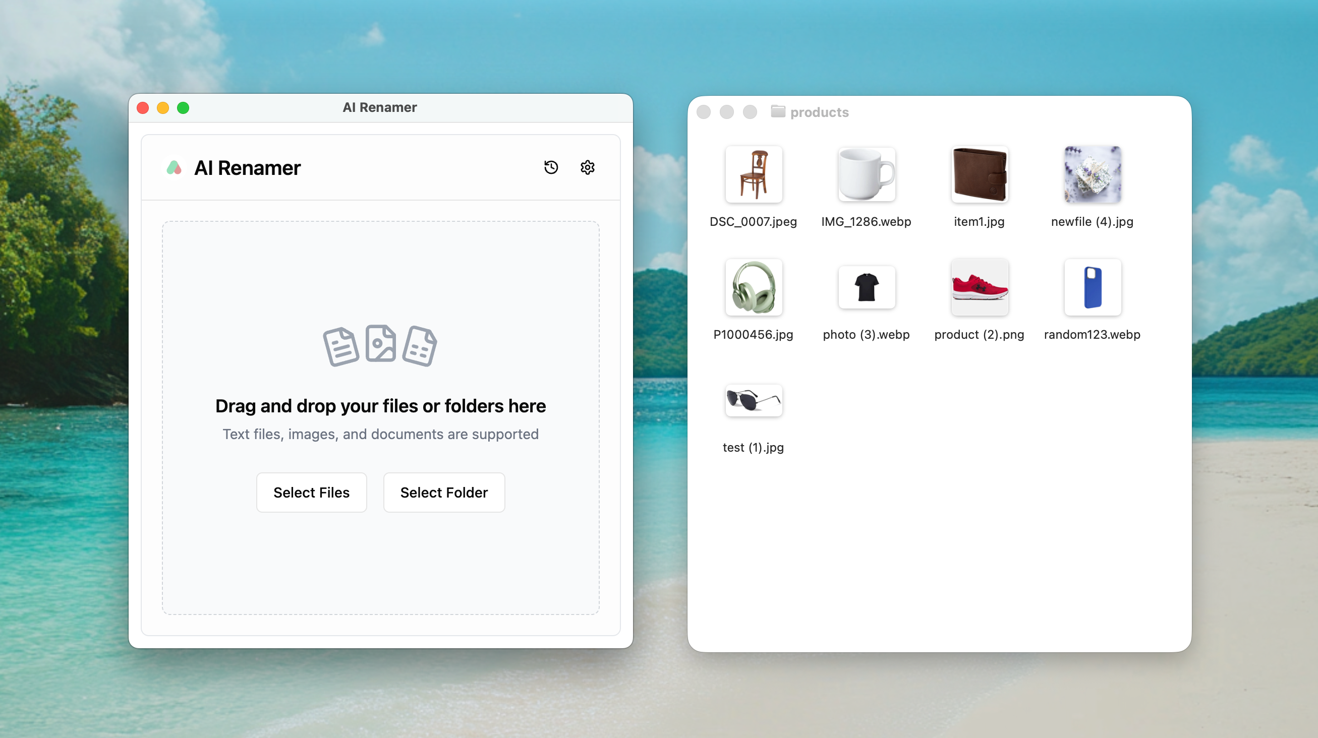 AI Renamer before screenshot - generic e-commerce product images like IMG_1286.webp