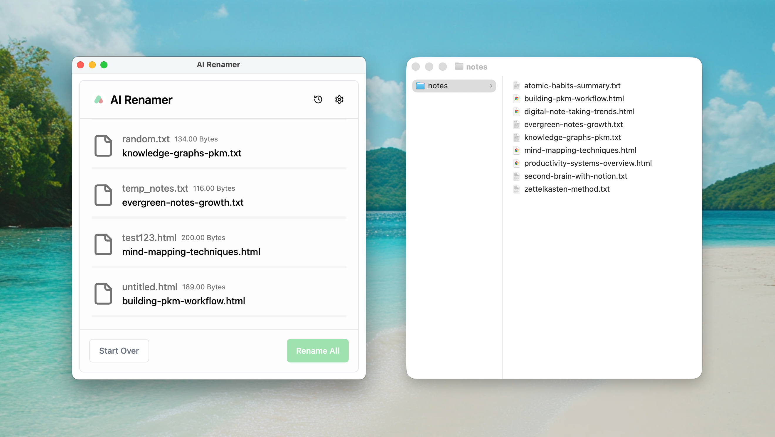 AI Renamer after screenshot - clear filenames for PKM notes like atomic-habits-summary.txt