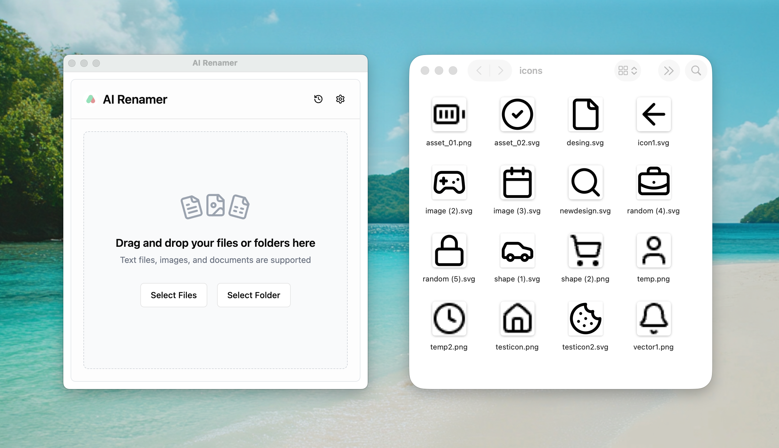 AI Renamer before screenshot - random web design icons with meaningless names like icon1.svg
