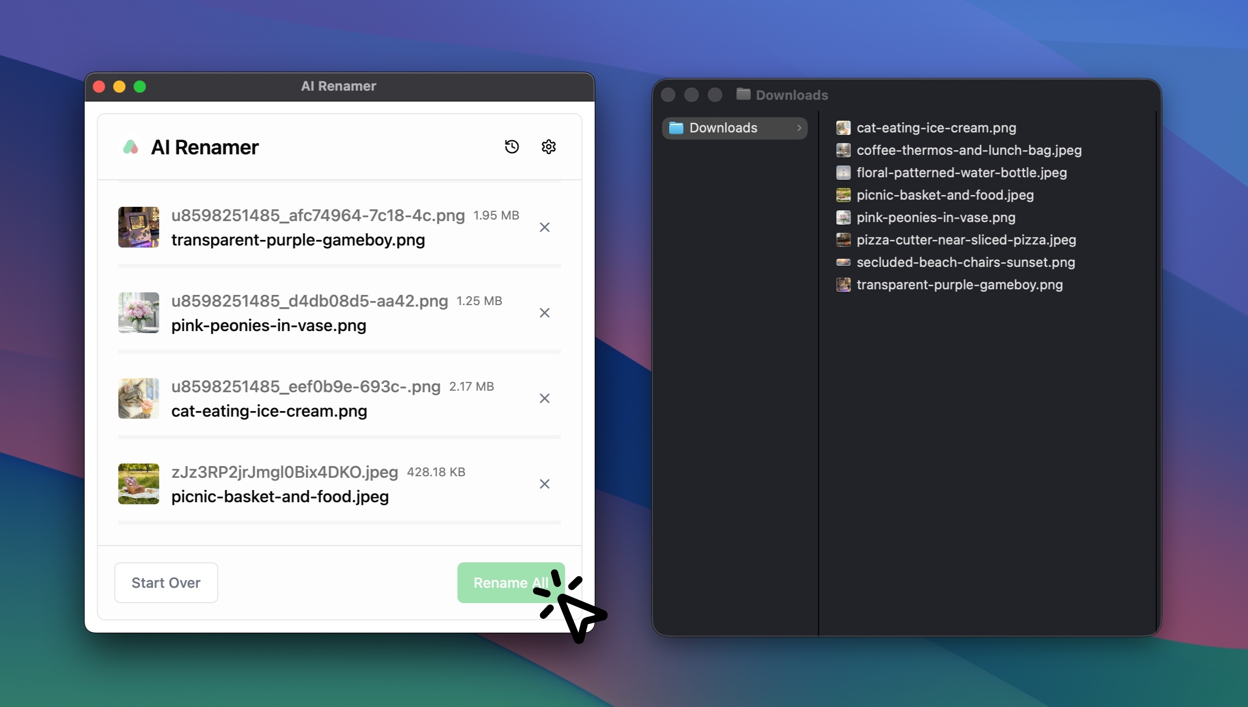 Apply all AI-generated filenames in one click using AI Renamer