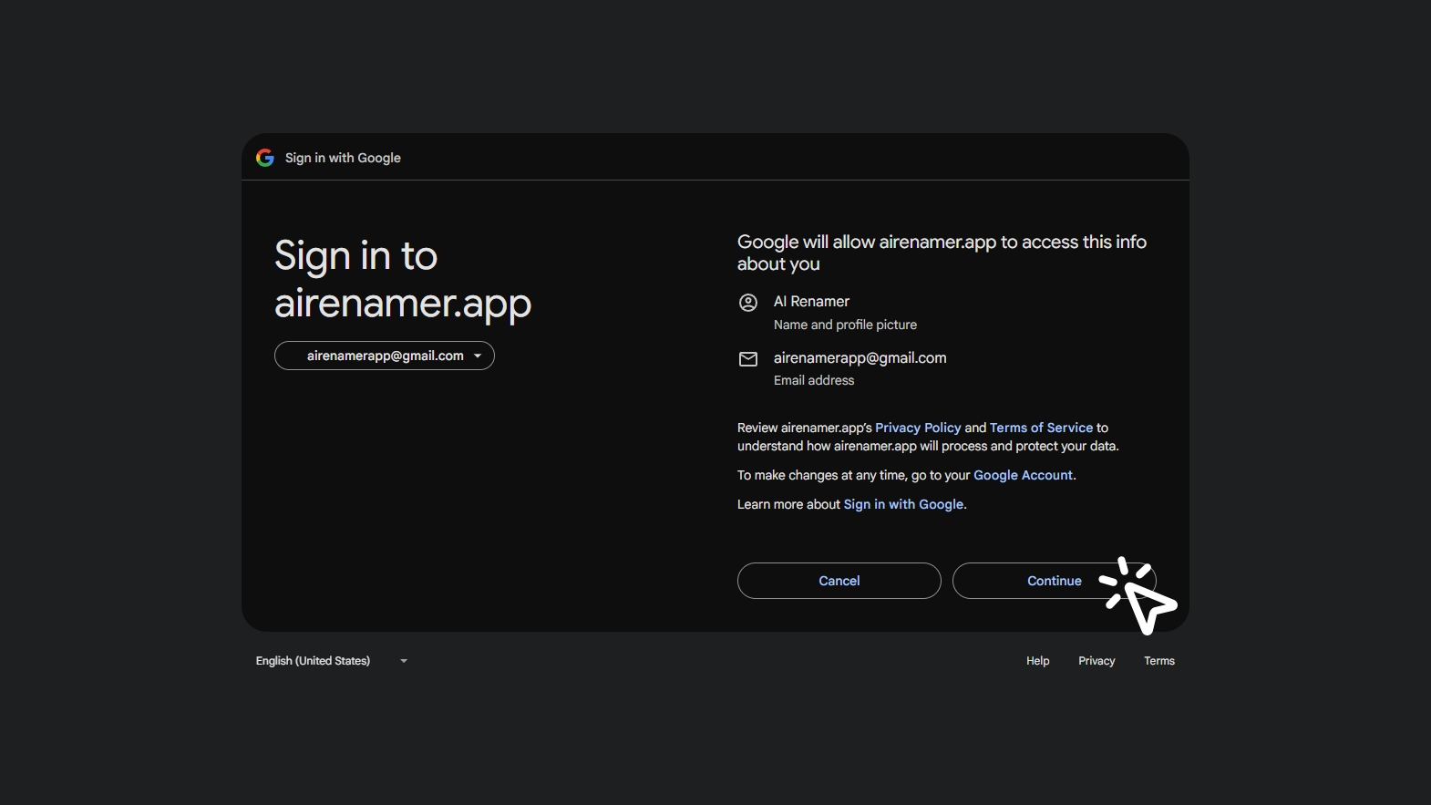 Google permissions screen for AI Renamer sign-in