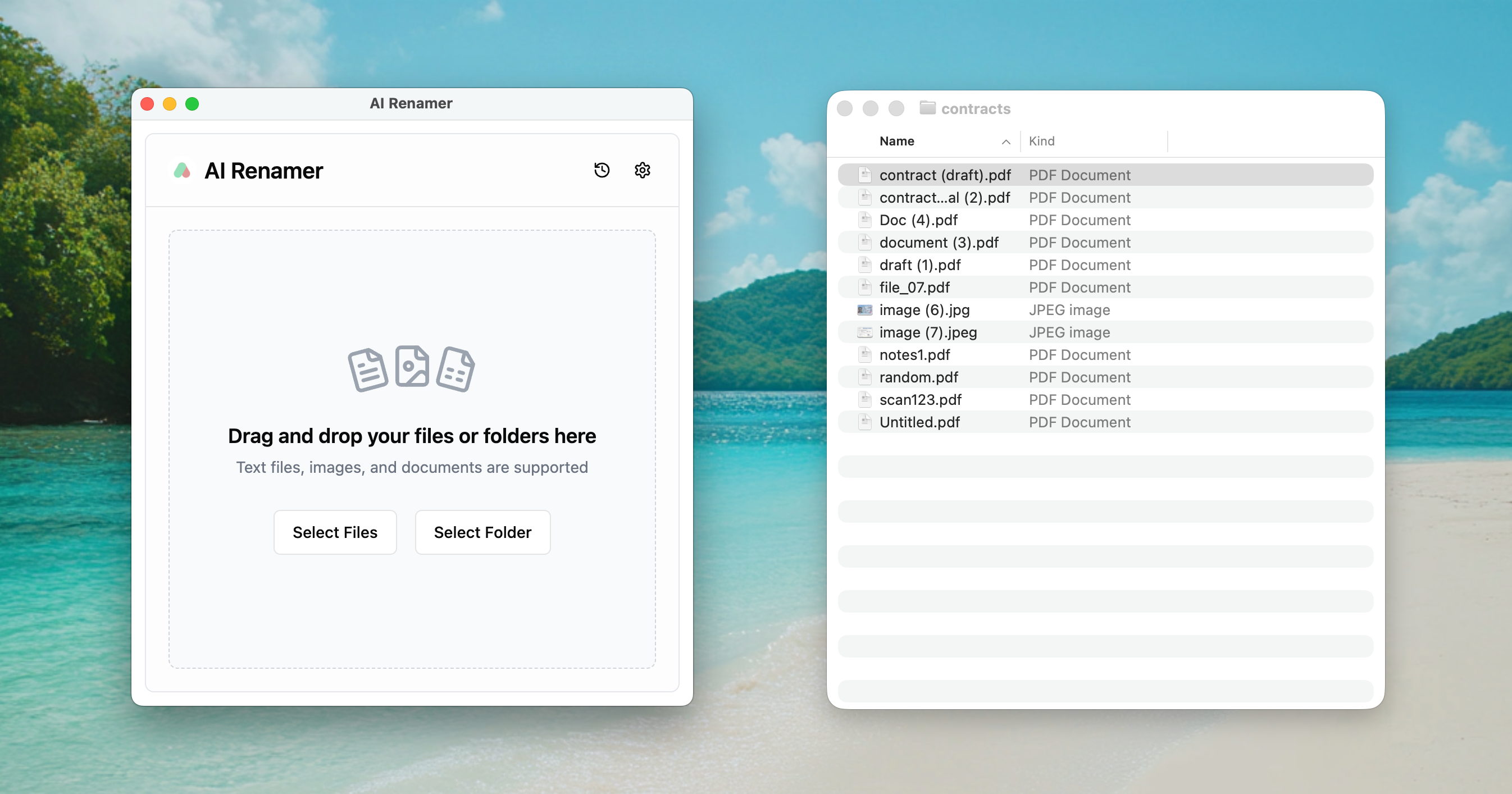 AI Renamer before screenshot - unlabeled legal documents like document (3).pdf and scan123.pdf