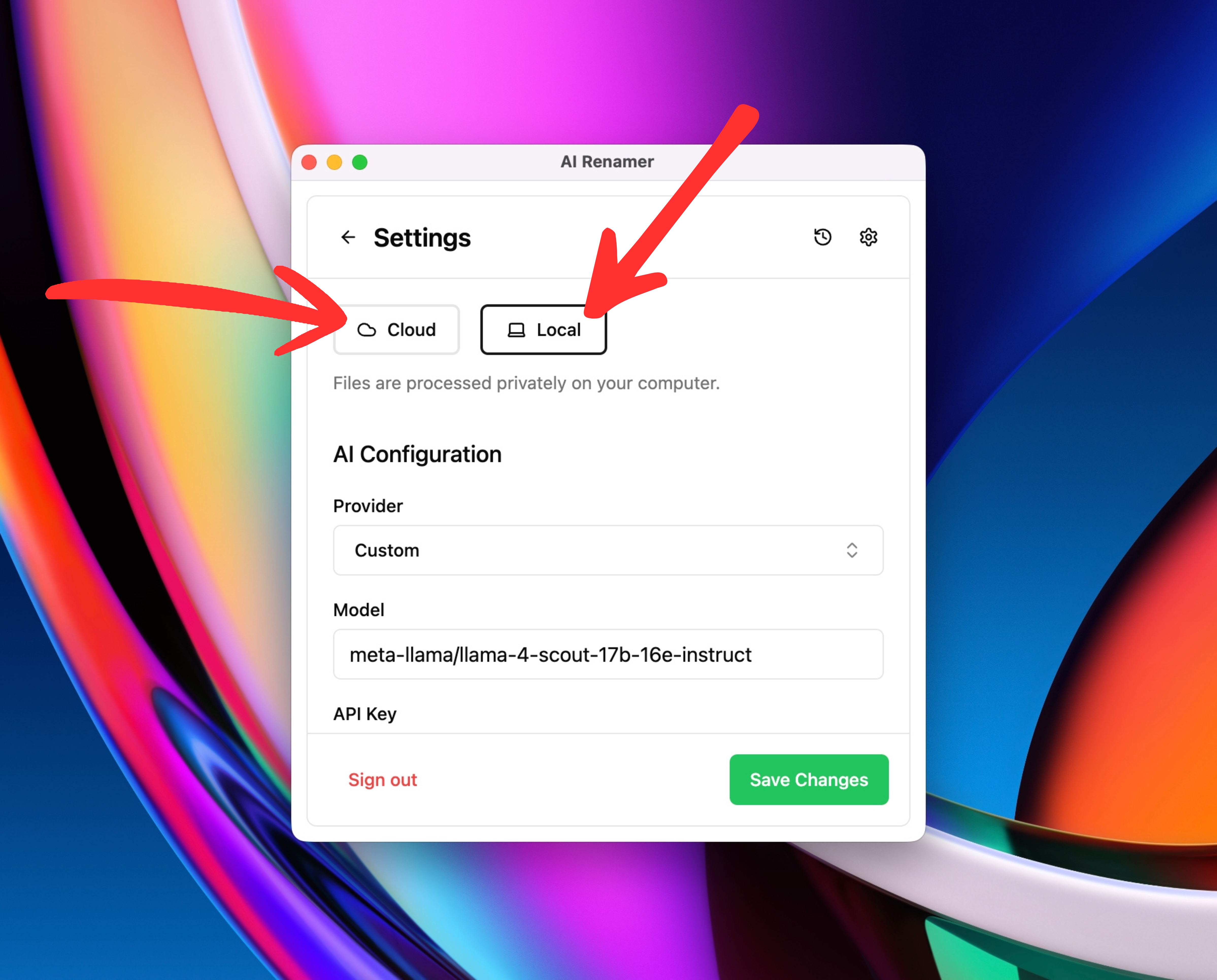 Choose Local Mode or Cloud Mode on AI Renamer