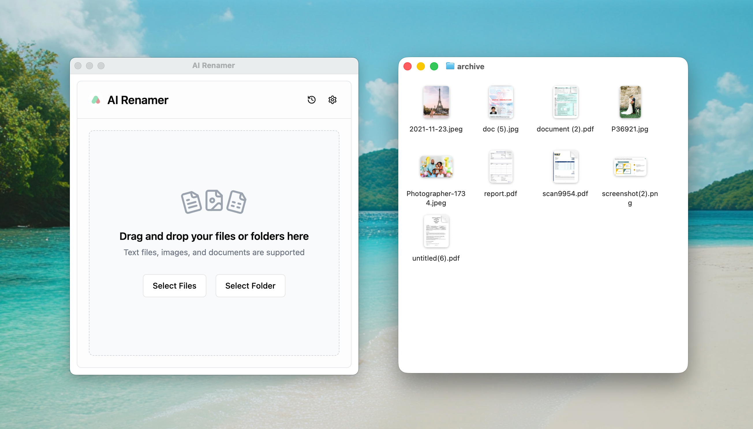 AI Renamer before screenshot - disorganized digital archive with files like scan9954.pdf