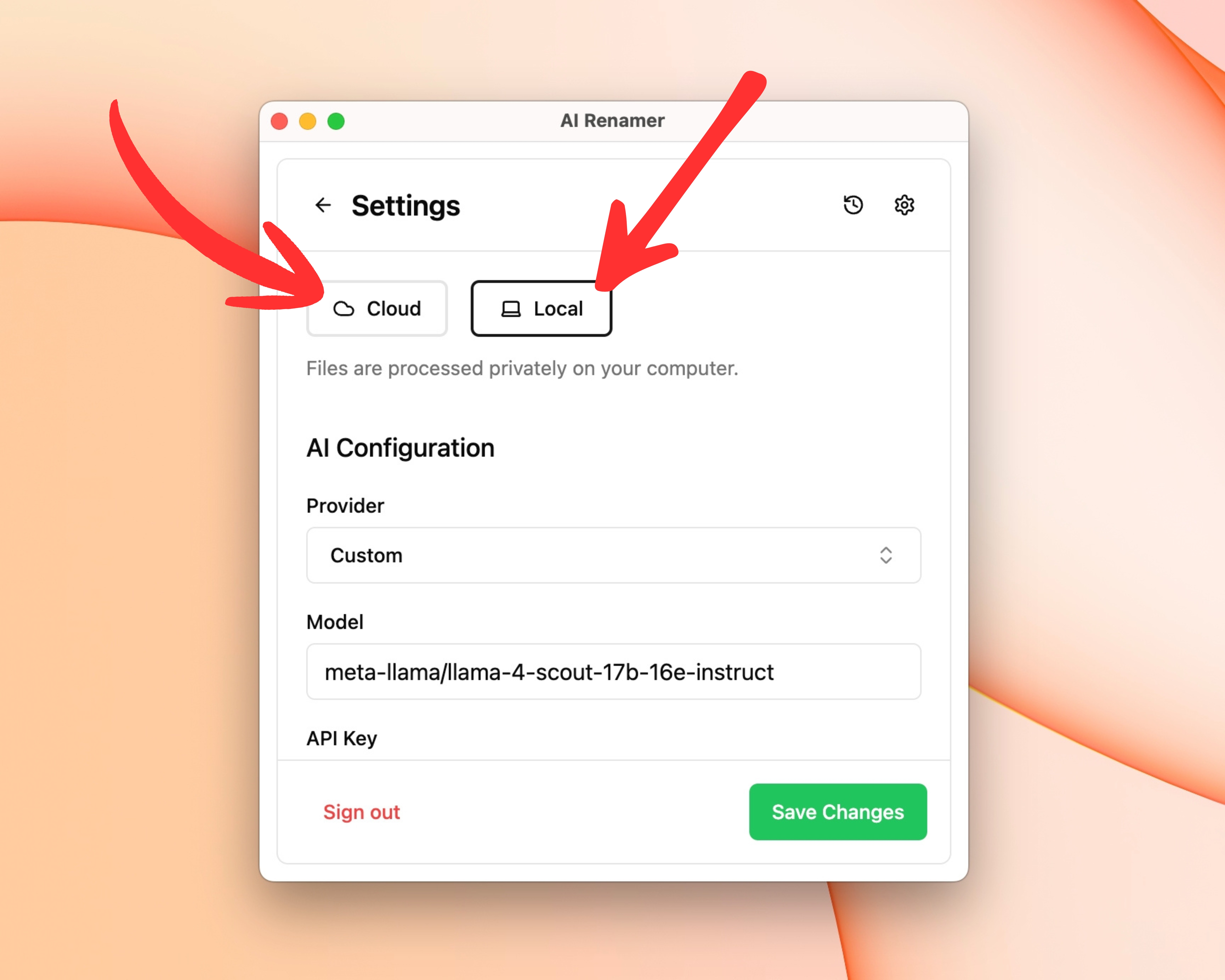 Choose Local Mode or Cloud Mode on AI Renamer