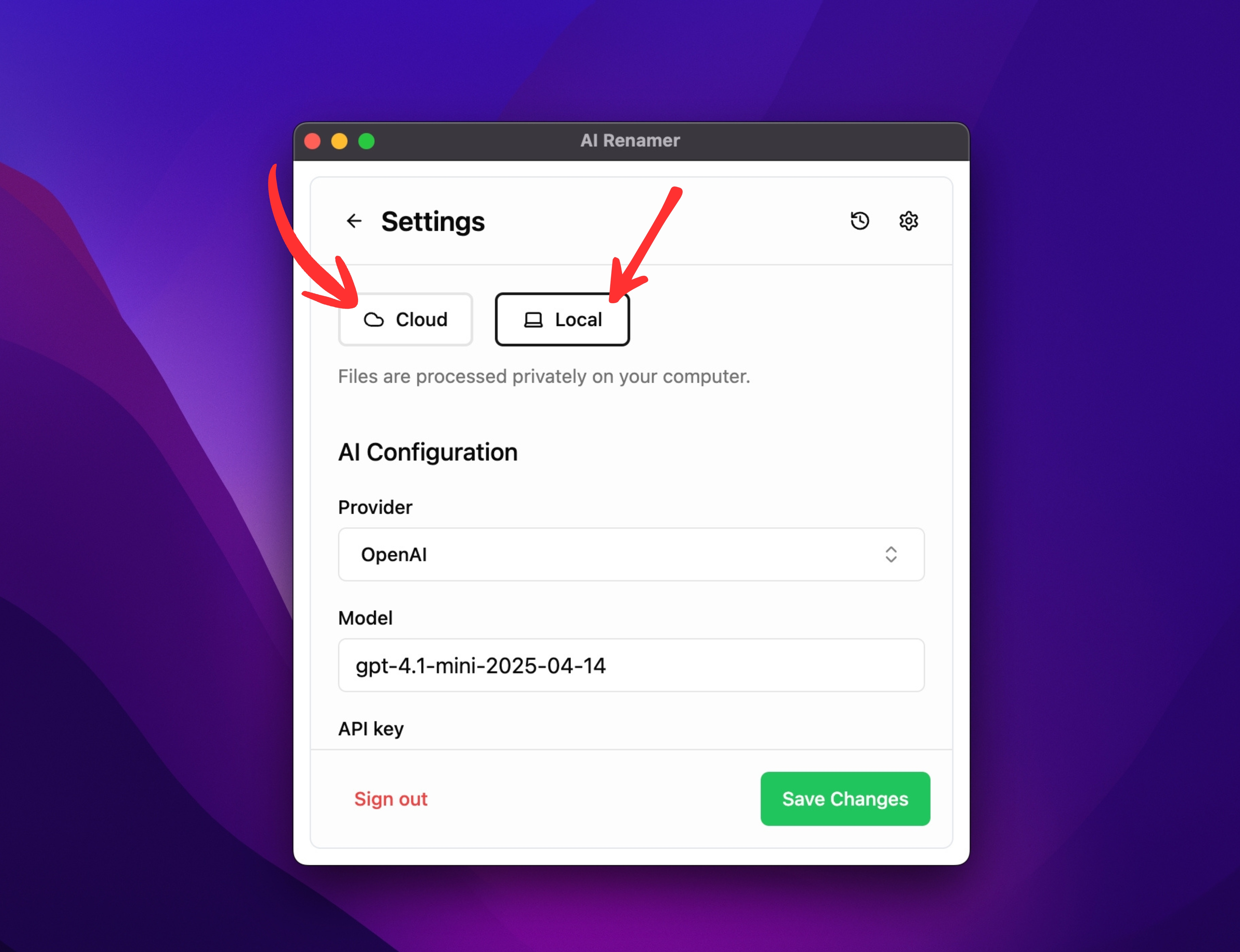 Choose Local Mode or Cloud Mode on AI Renamer