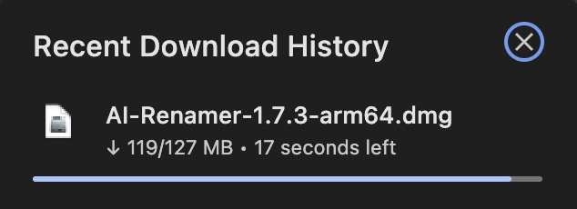 AI Renamer download progress on macOS