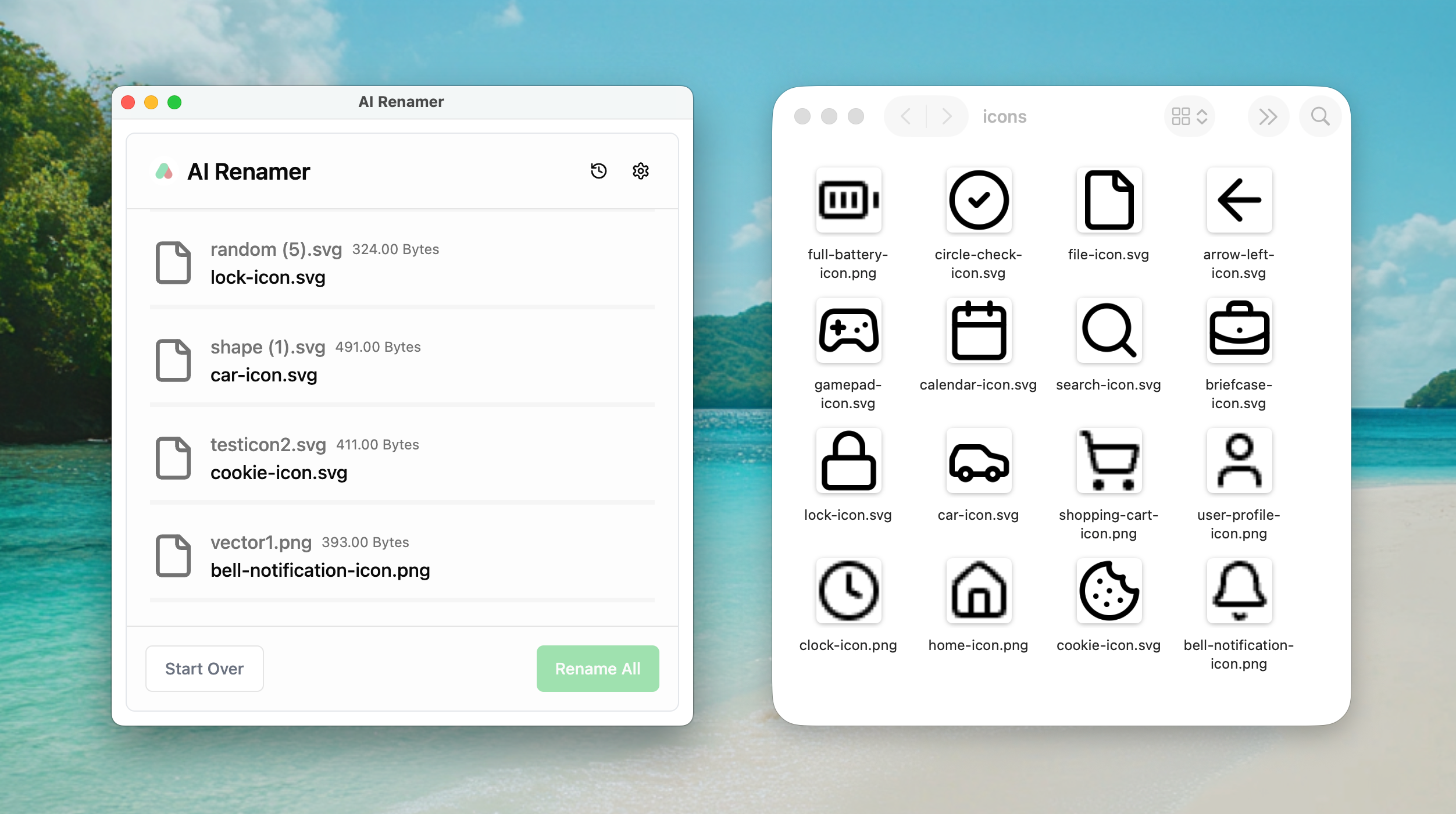 AI Renamer after screenshot - descriptive web design icons like shopping-cart-icon.png