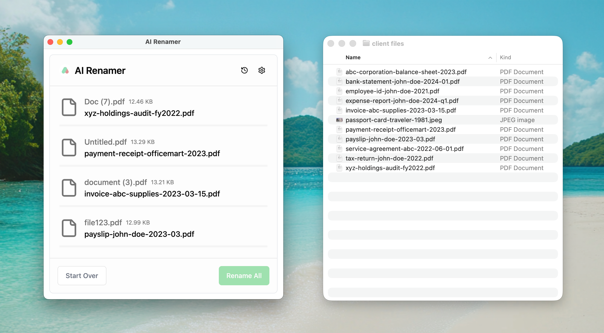 AI Renamer after screenshot - meaningful filenames for client documents like bank-statement-john-doe-2024-01.pdf