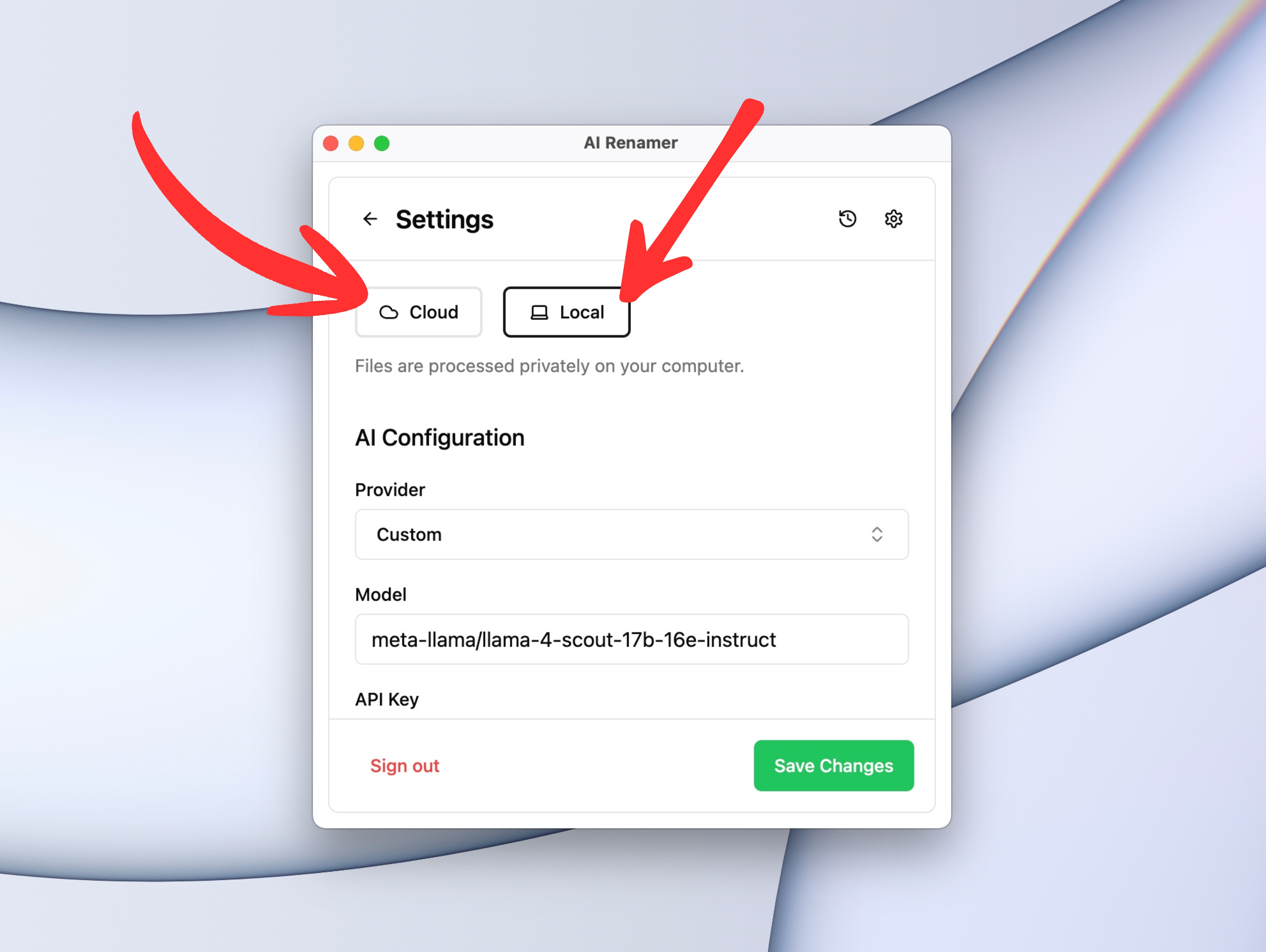 Choose Local Mode or Cloud Mode on AI Renamer