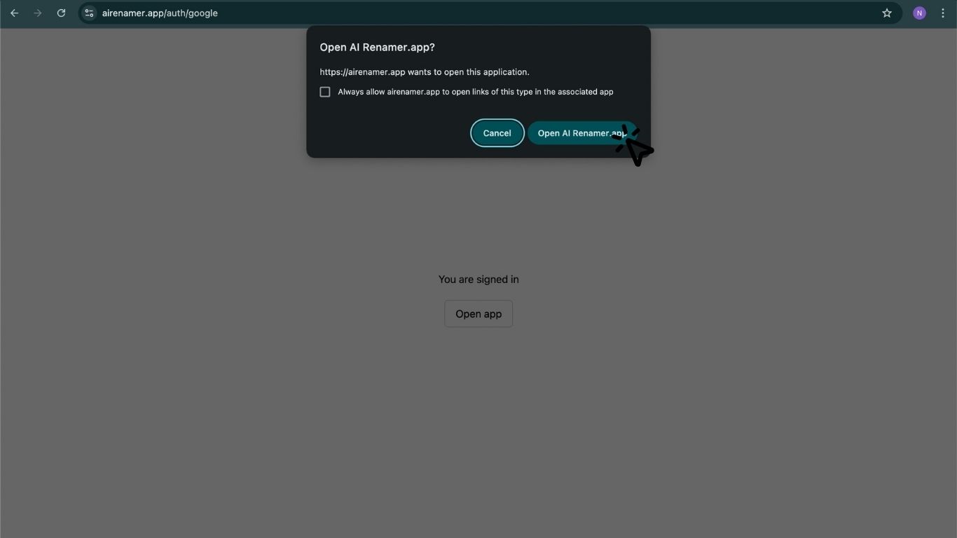 You are signed in screen with Open AI Renamer.app button