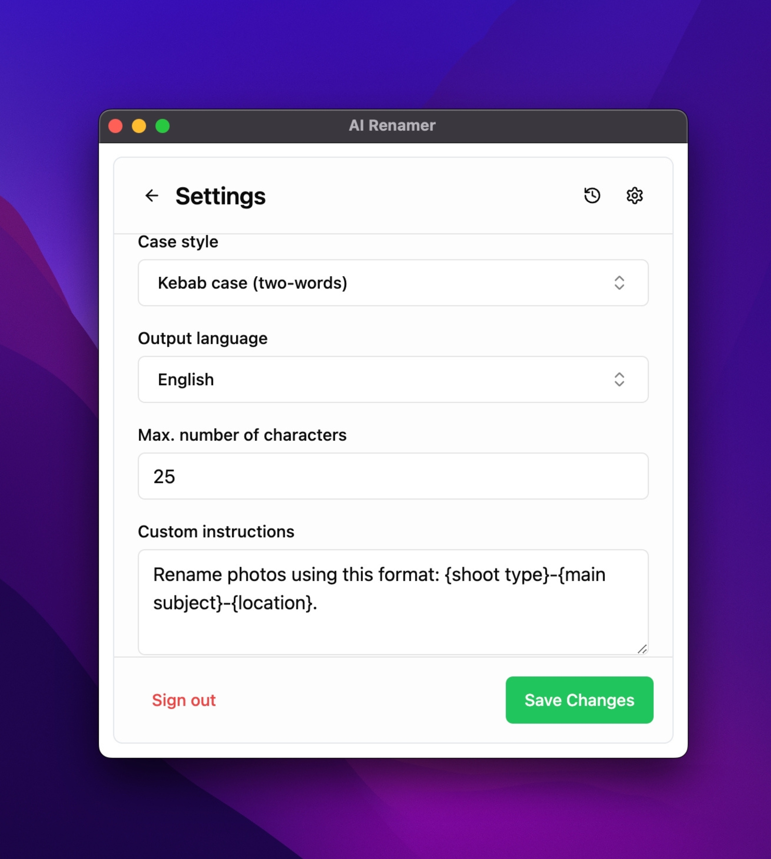 Custom Instructions for Consistent Photo Naming on AI Renamer