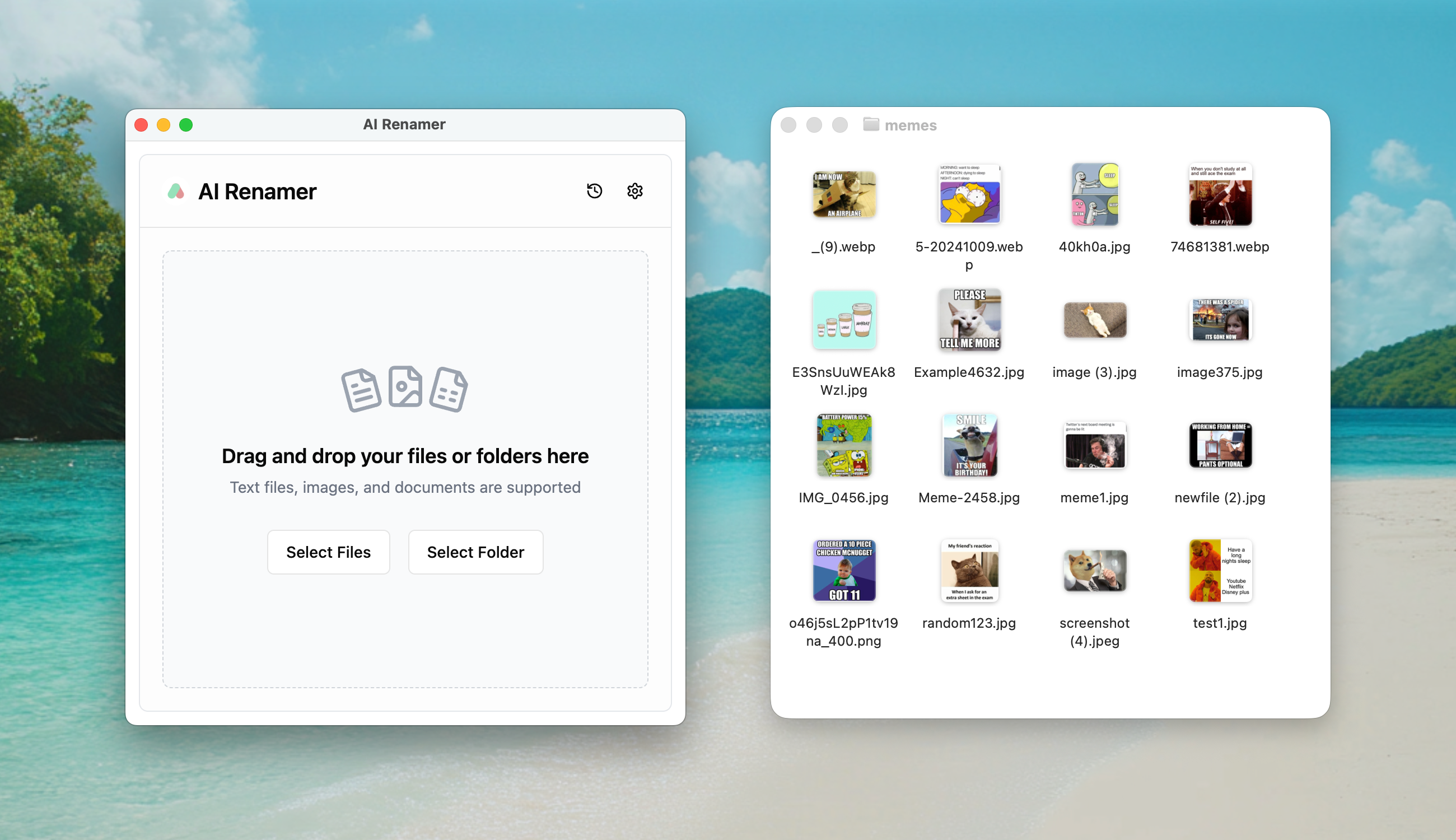 AI Renamer before screenshot - random meme folder with generic filenames like meme1.jpg