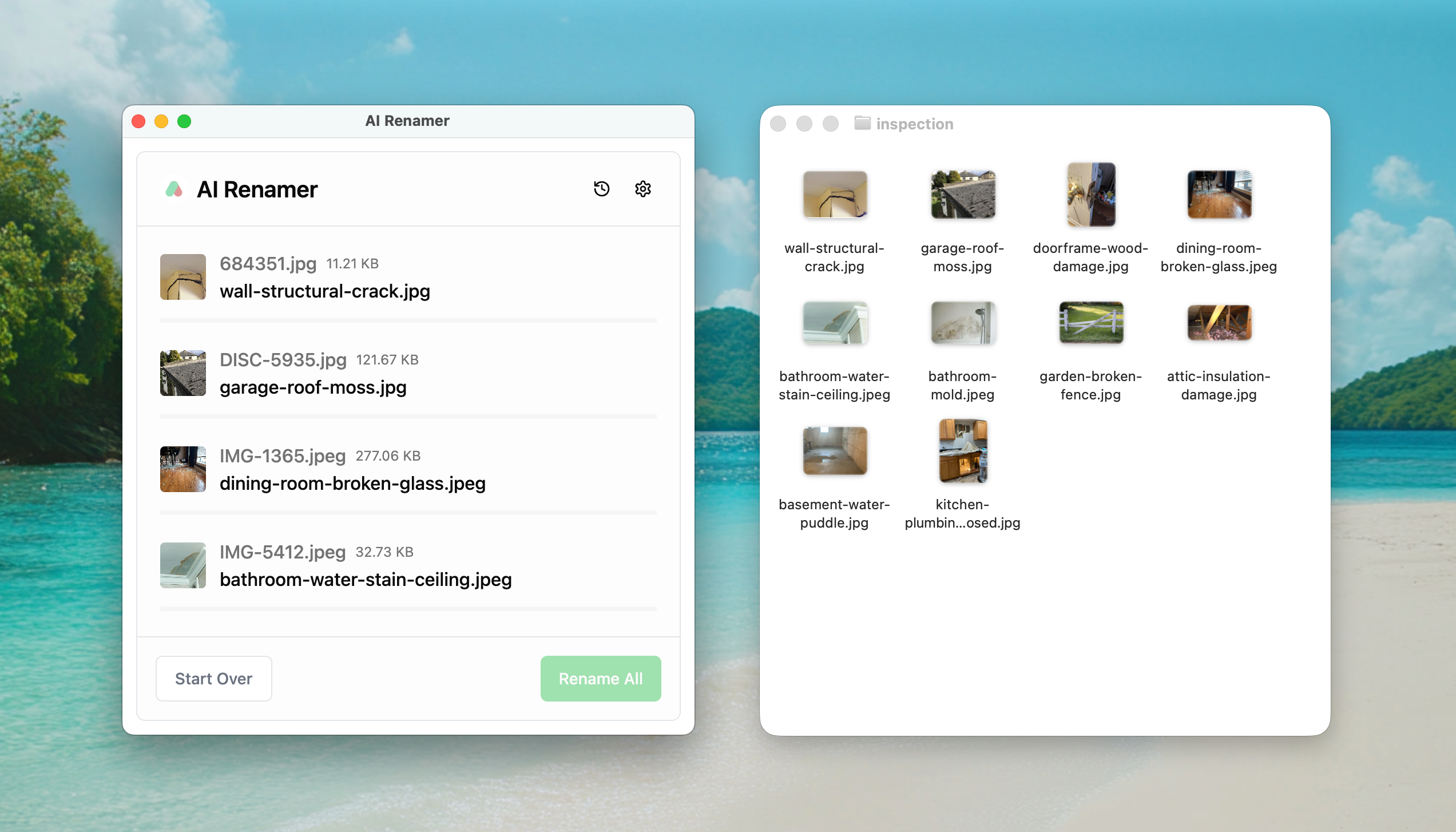 AI Renamer after screenshot - clear house inspection photo labels like kitchen-plumbing-exploded.jpg