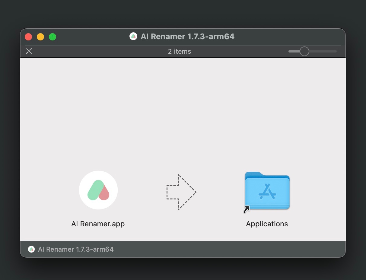 Install AI Renamer by dragging into Applications folder
