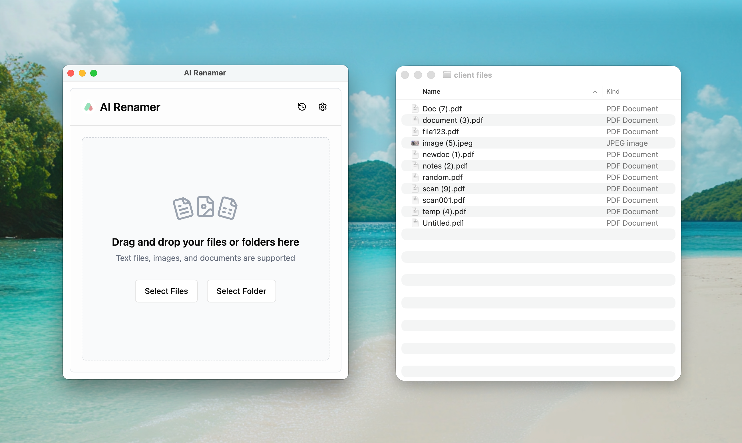 AI Renamer before screenshot - accountants handling generic client files like scan001.pdf