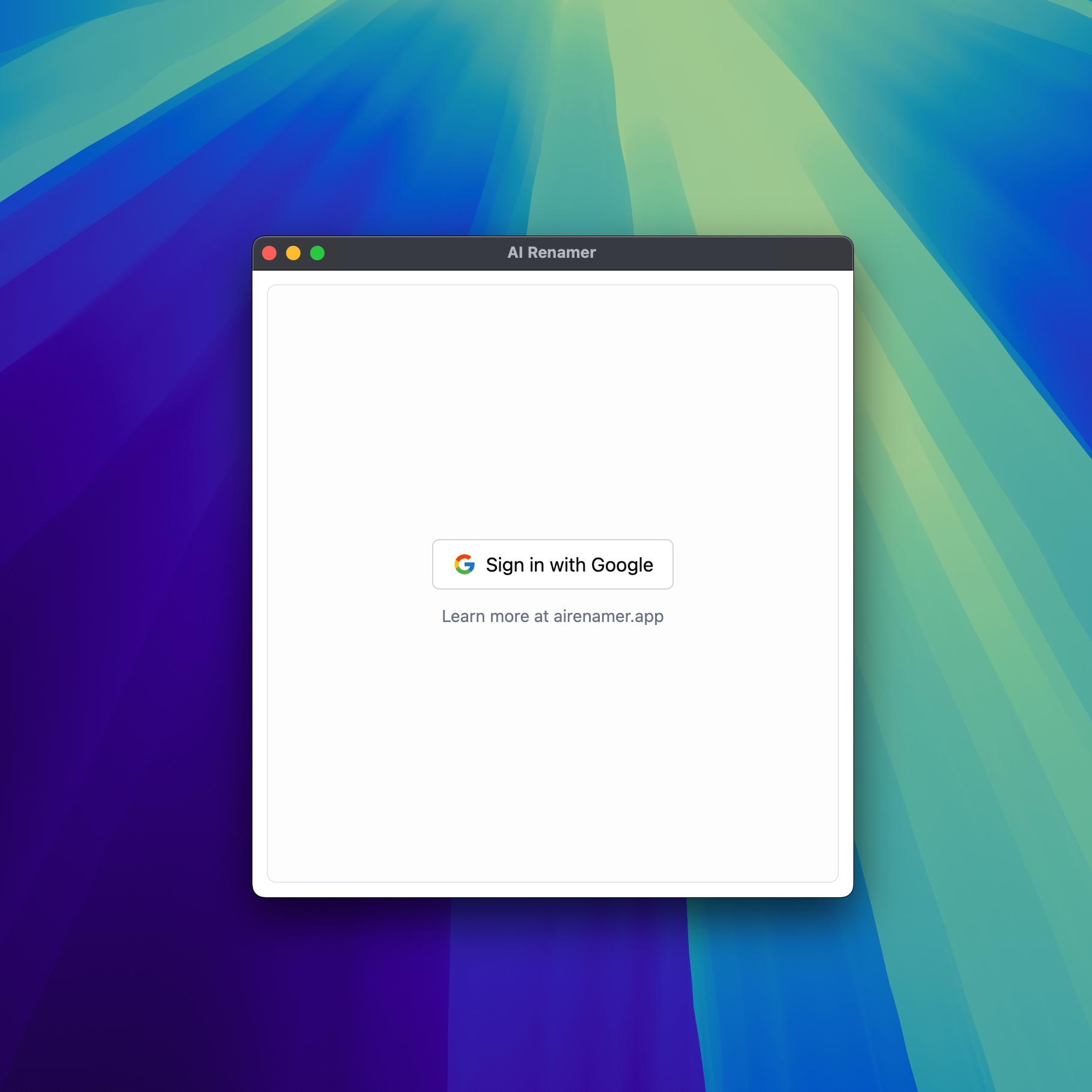 AI Renamer Google sign-in screen on macOS