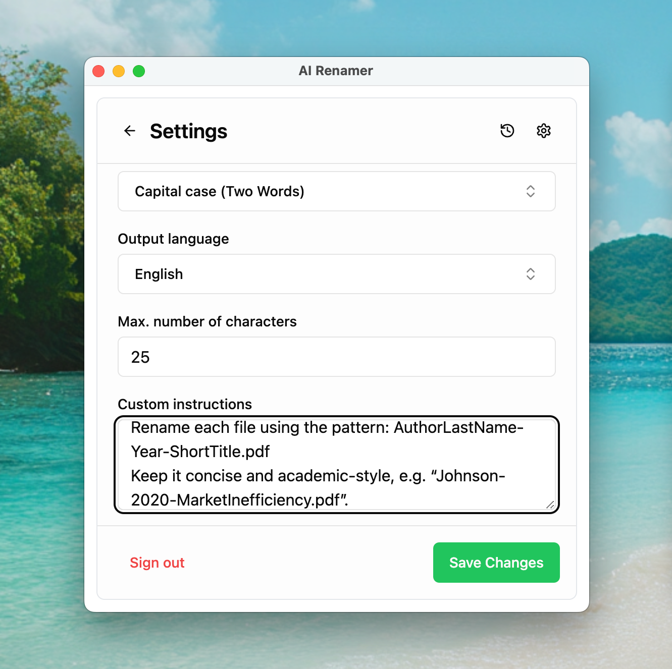 AI Renamer custom instructions screenshot - enforcing author year title format for academic PDFs
