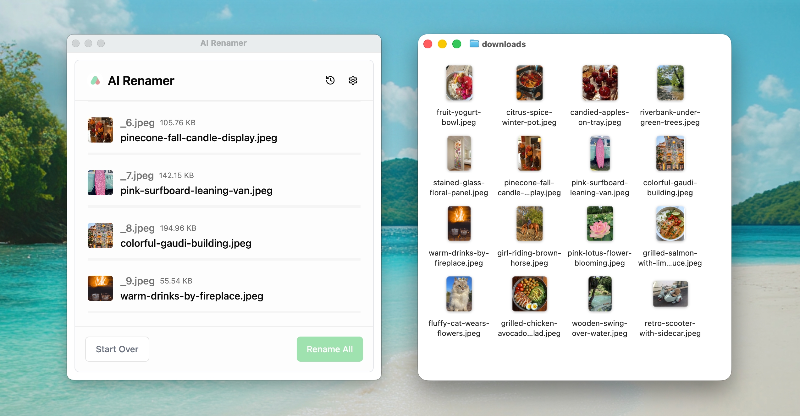 AI Renamer after screenshot - organized photo filenames like colorful-gaudi-building
