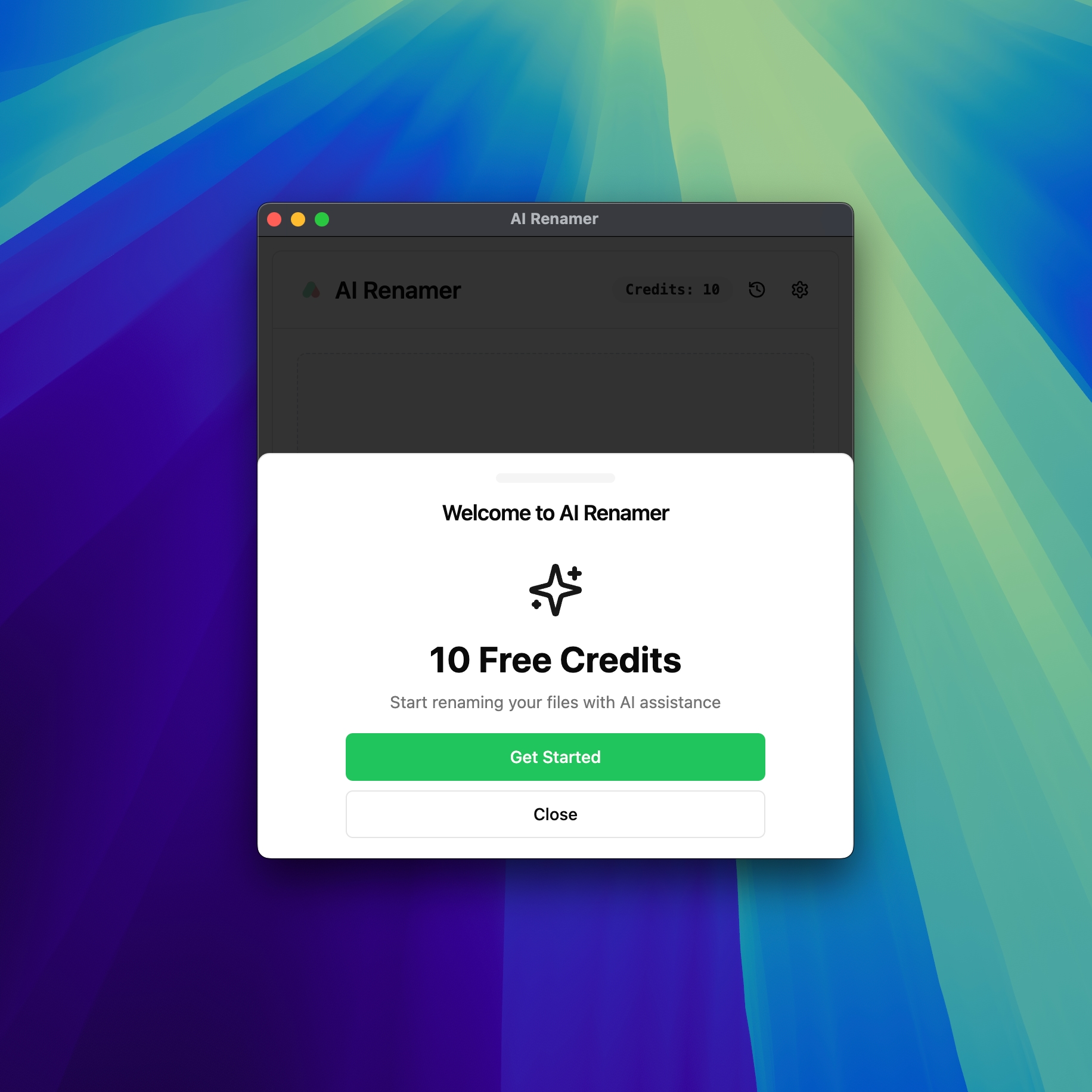 AI Renamer welcome screen with 10 free credits