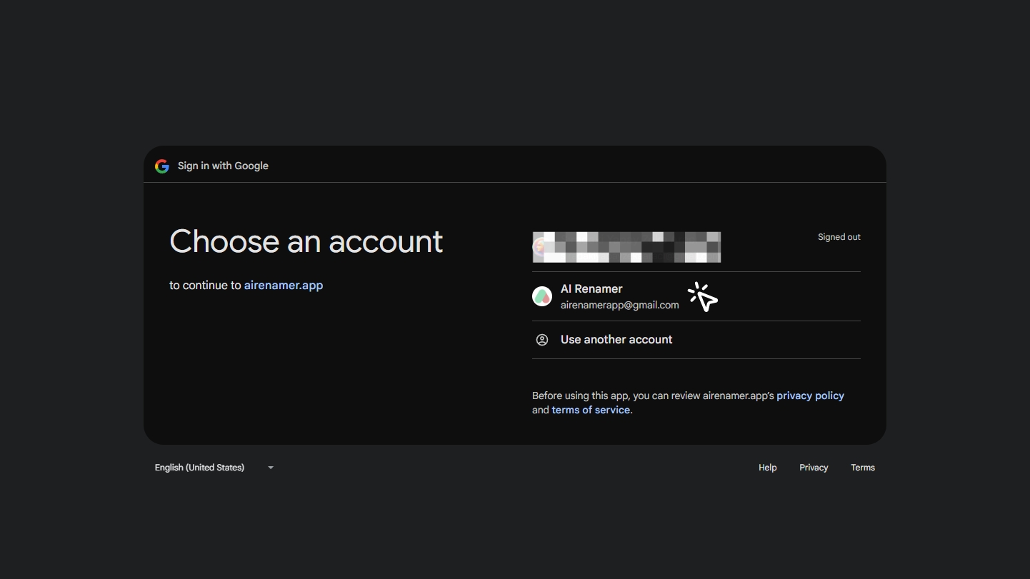 Choose Google account to sign in to AI Renamer