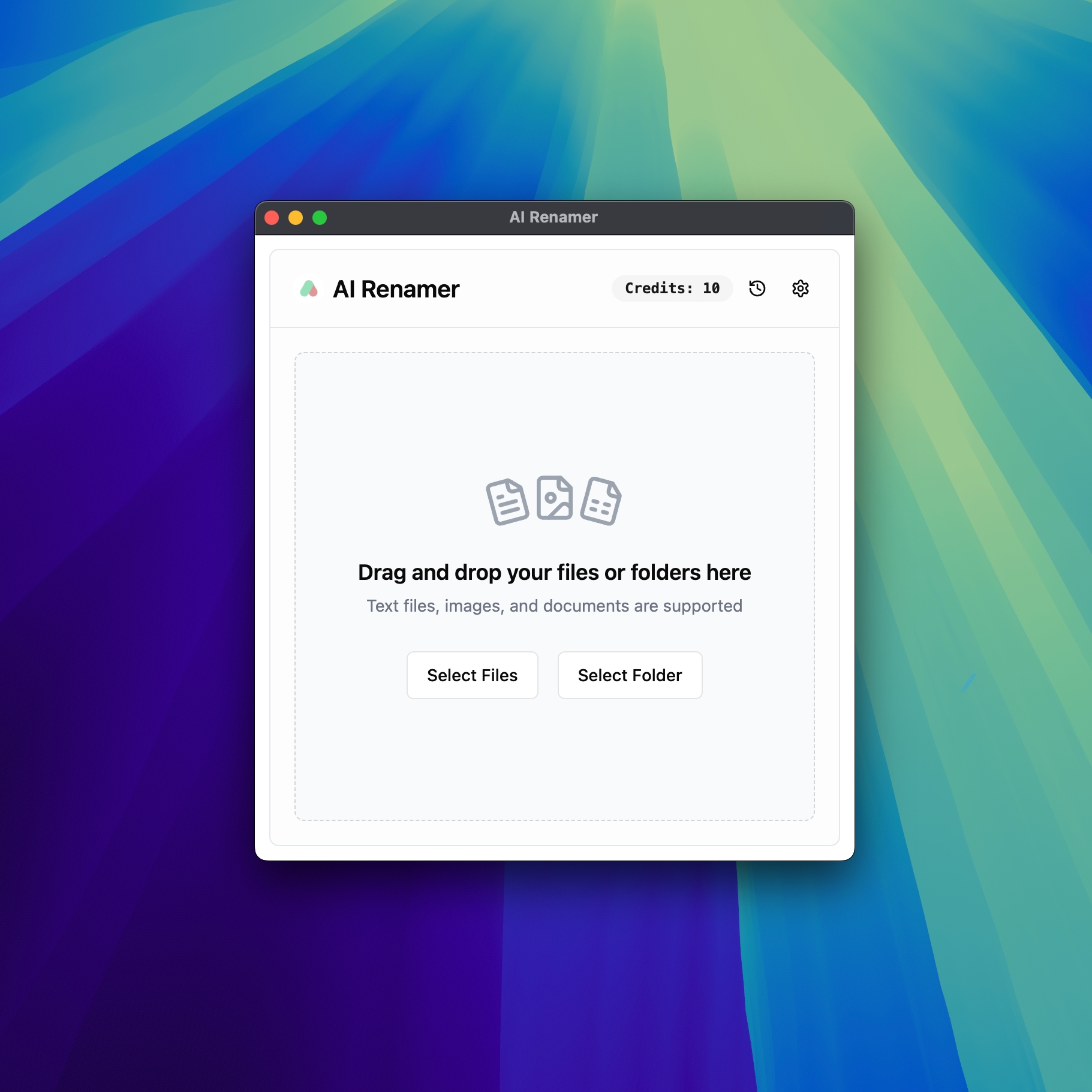 AI Renamer main interface with 10 free credits