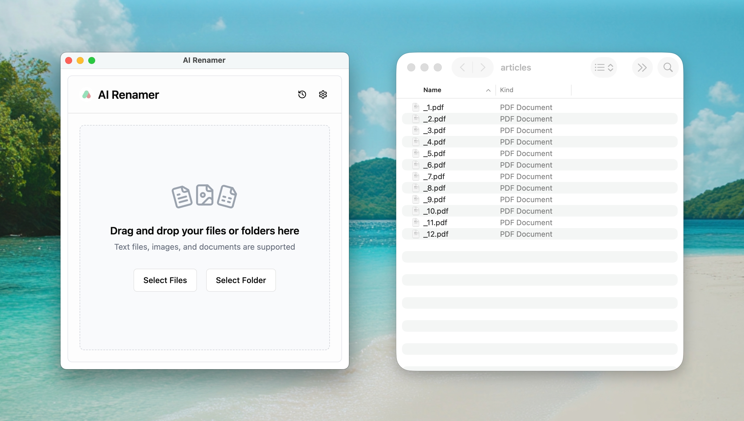 AI Renamer before screenshot - academic PDFs with generic names like document.pdf