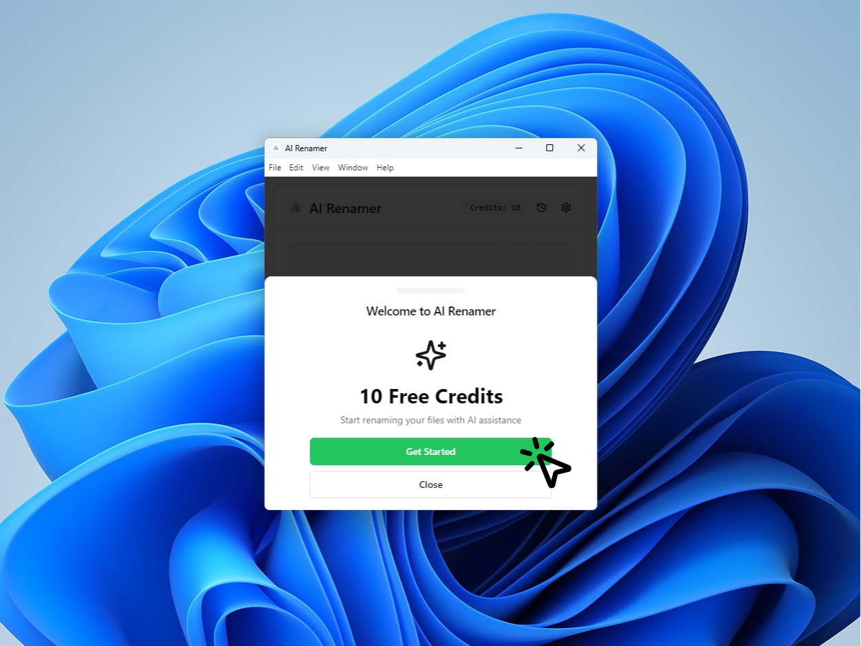 AI Renamer welcome screen with 10 free credits on Windows