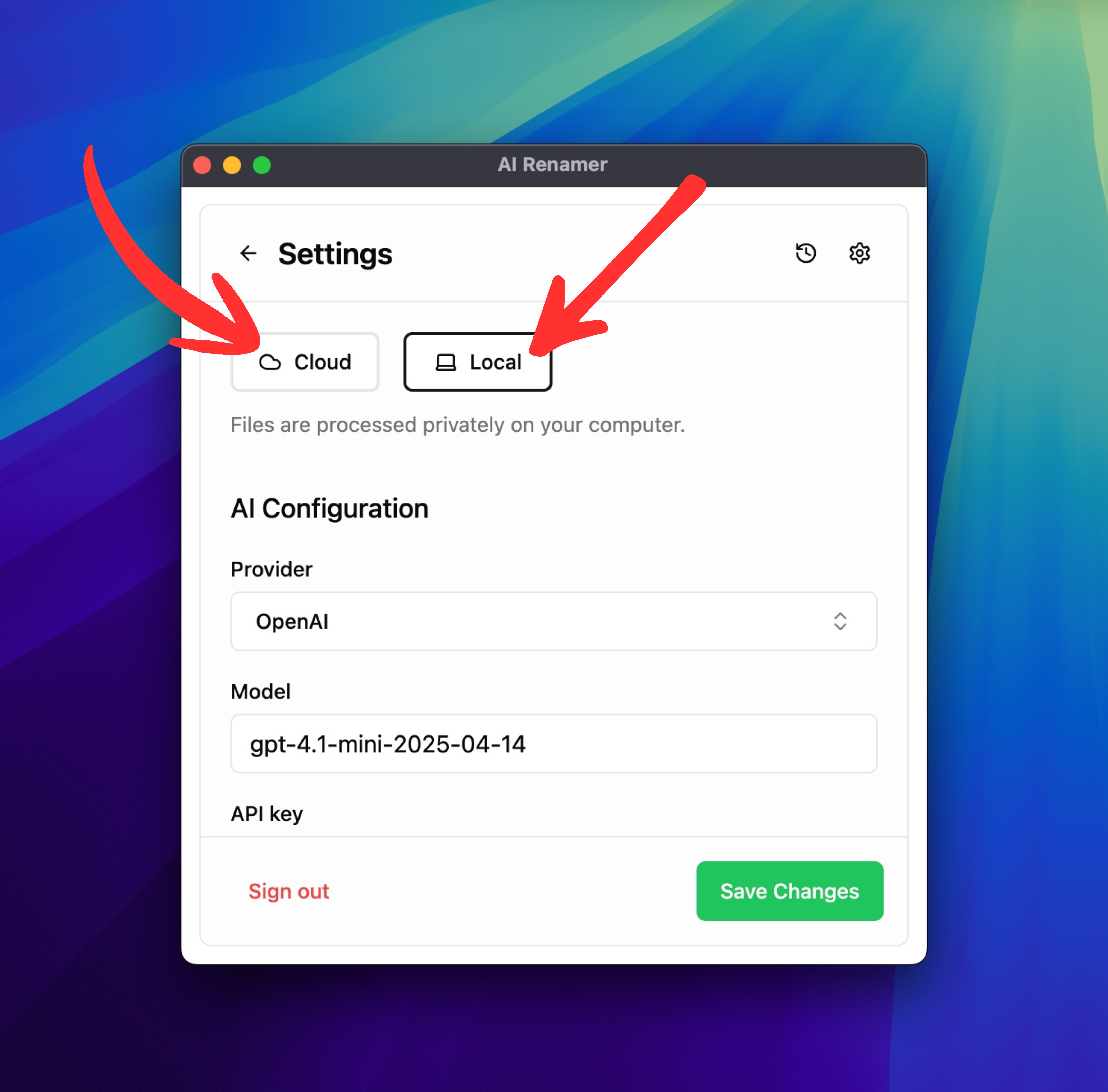 Choose Local Mode or Cloud Mode on AI Renamer