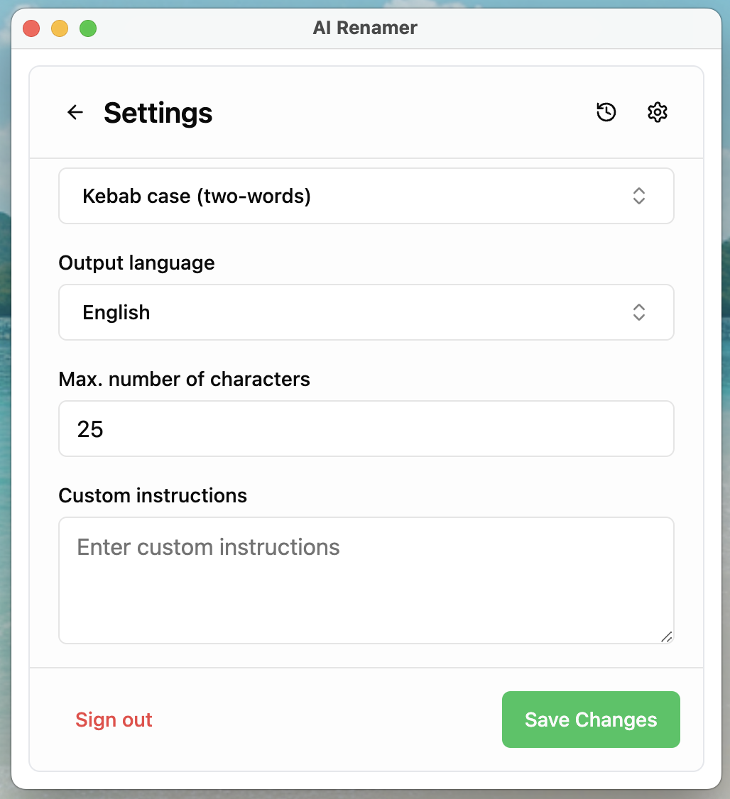 AI Renamer custom instructions screenshot - personalize file renaming rules